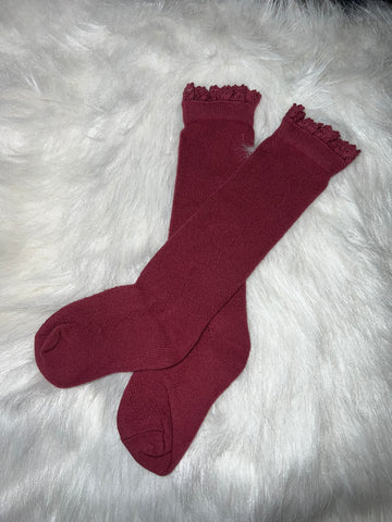 RTS burgundy fancy lace top socks  4-6 years