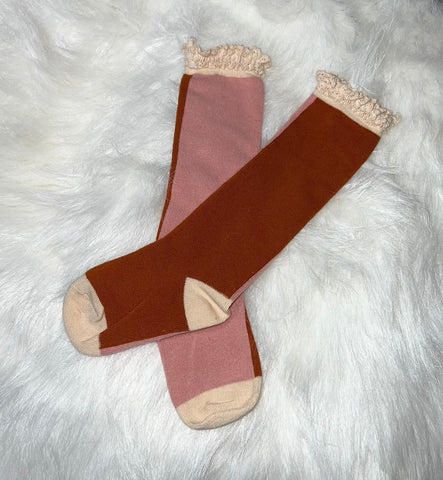 RTS Split pink/brown lace top socks  4-6 years