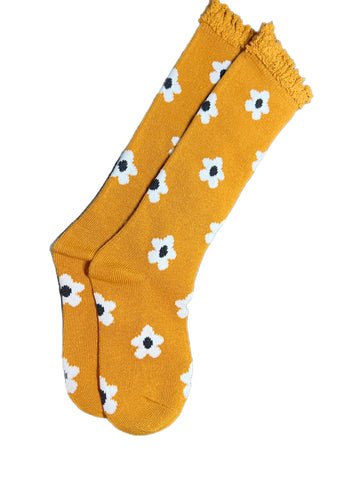 RTS Mustard yellow flower lace top socks  4-6 years